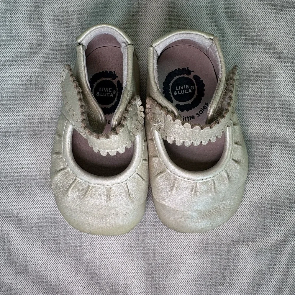 Livie And Luca Champagne Gold‎ Leather Ruche III Mary Jane Shoes 9-12 Months